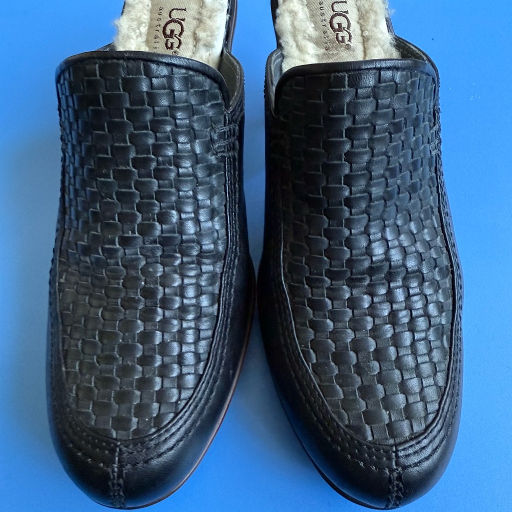 UGG Black Leather Mules with Basket-Weave Texture